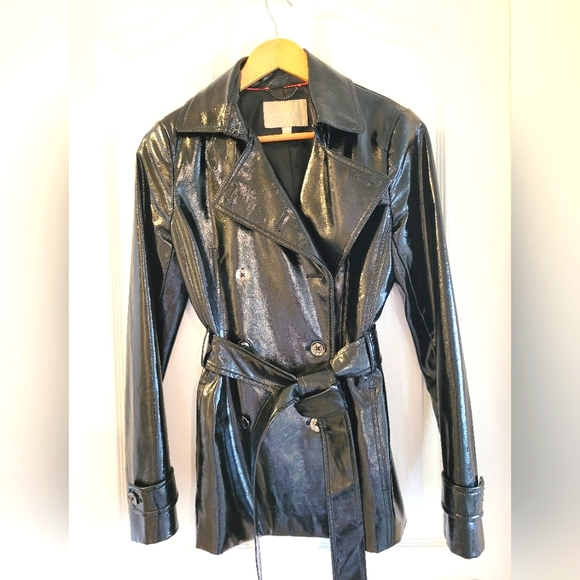 Vintage Banana Republic Shiny Black Vinyl Trench Coat - Picture 1 of 5